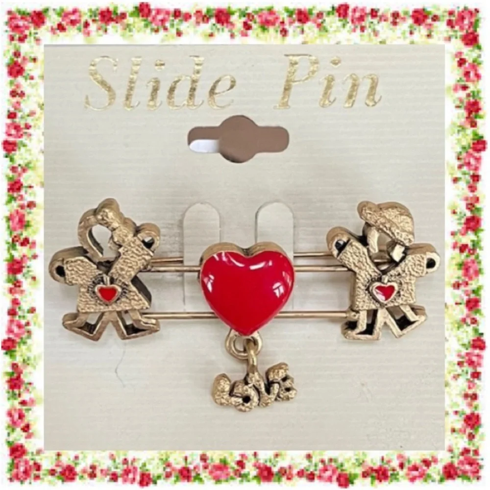 Heart Love Brooch Whimsical Figural Fun Slide Pin Colorful Retro Red Gold Cutout